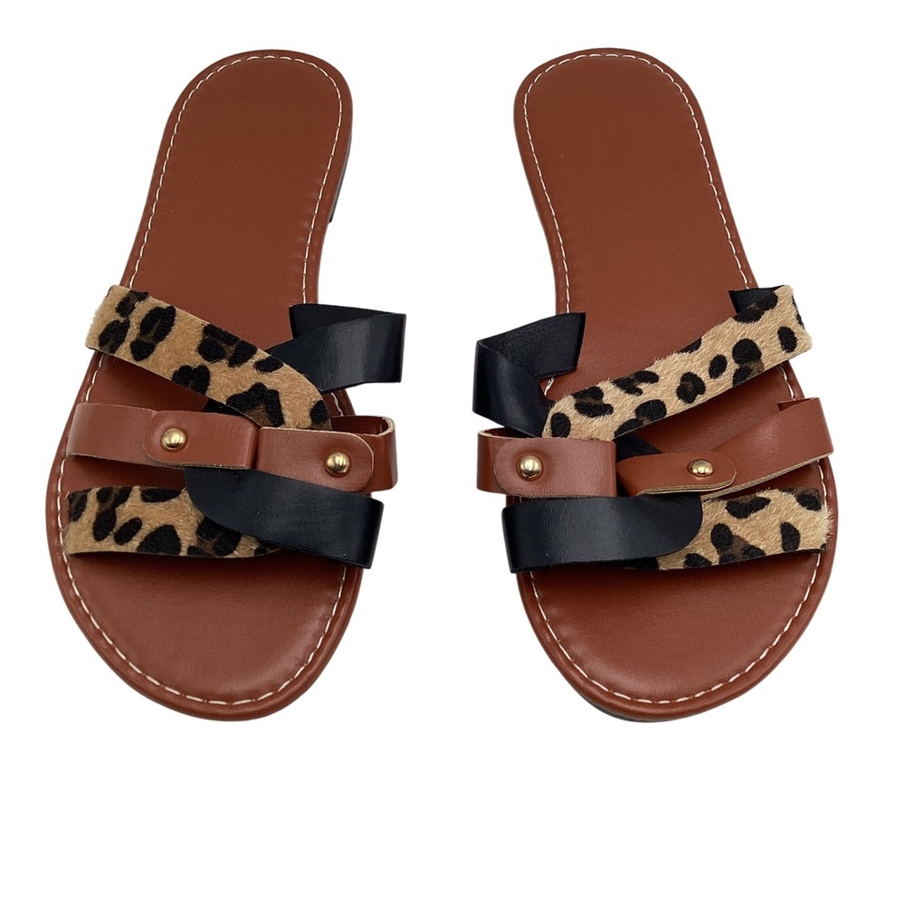Leopard Print‎ Multi-Strap Slide Sandals Cognac Black Gold Studded Flat Size 38